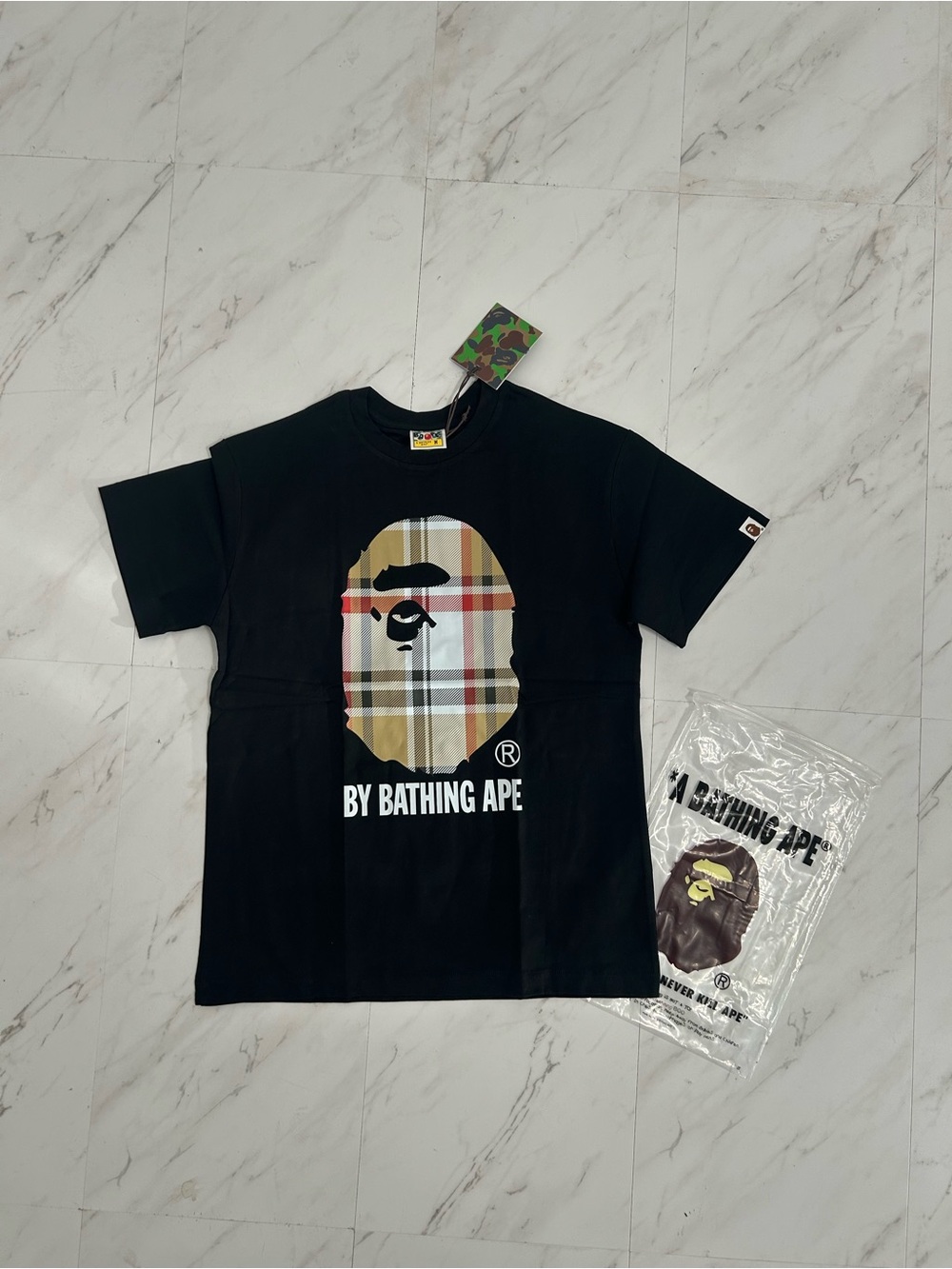 A Bathing Ape Black Plaid Ape Head Short Sleeve Tee
